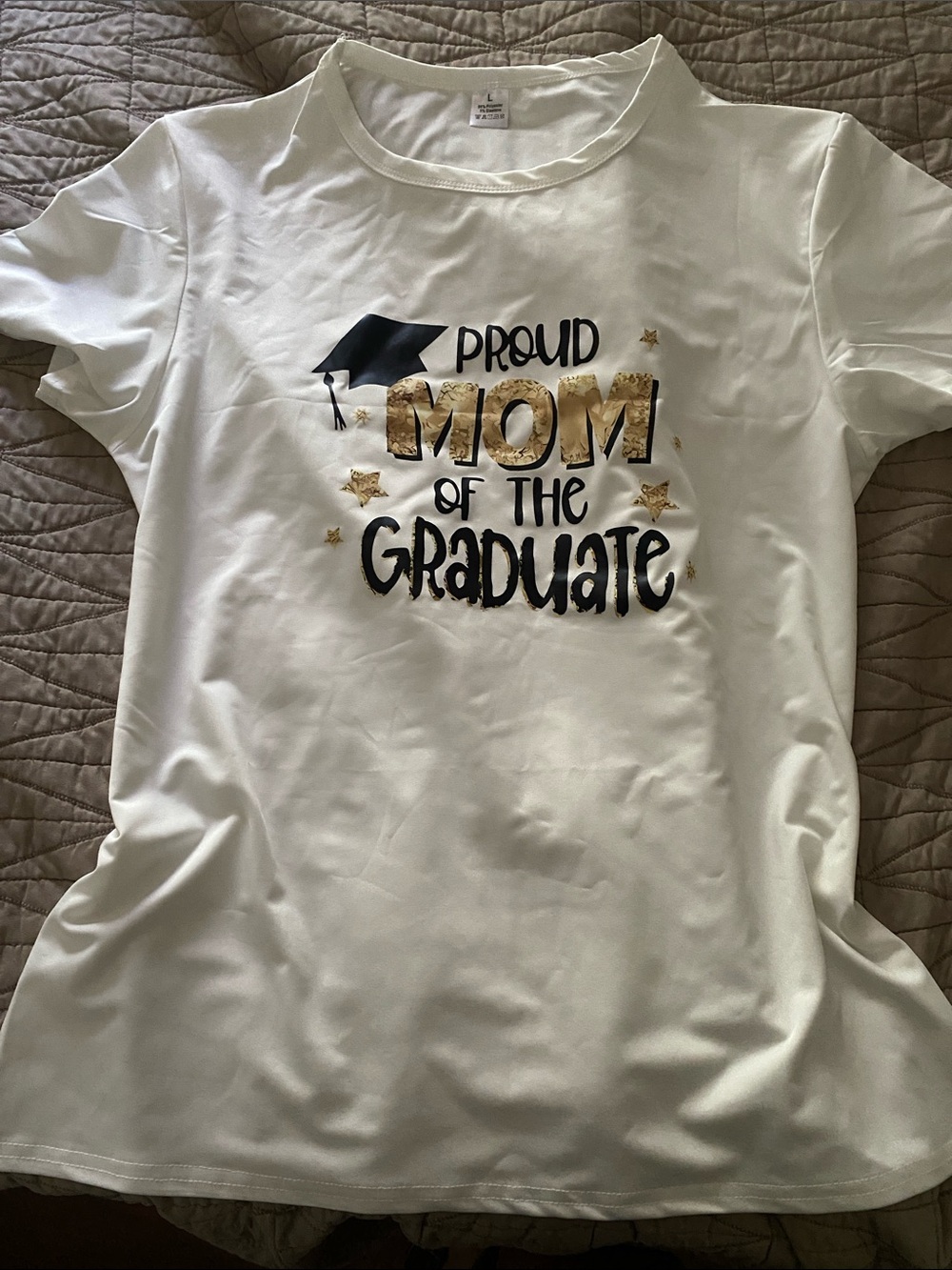 Proud Mom of the Graduate White Tee with Gold & Black Detail